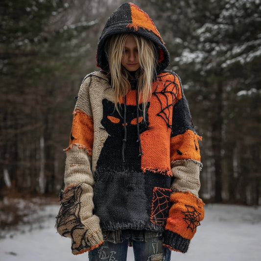 Women's Tribal Black Cat Patchwork Stitched Cozy Knit Hooded artswardrobe