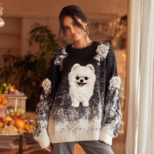 Vintage Rose And Pomeranian Puppy Gradient Cozy Knit Sweater artswardrobe