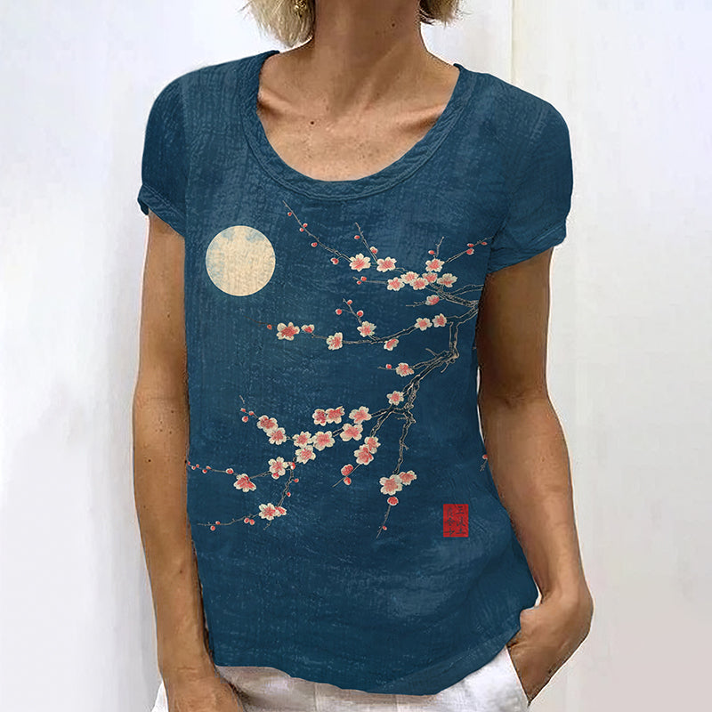 Retro Japanese Ink Floral Moon Art Painting Linen Casual T-Shirt elevenforest