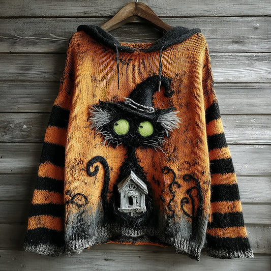 Halloween Black Cat And Castle Embroidered Knitted Warm Hooded Sweater artswardrobe