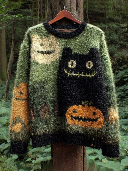 Women's Casual Vintage Halloween Black Cat Embroidered Sweater artswardrobe