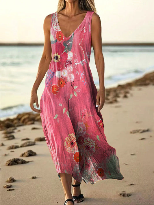Women's Folk Art Floral Print V-neck Sleeveless Pocket Cotton Dress