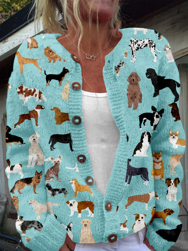 Comstylish Lots Of Breeds Dog Graphic Cozy Knit Cardigan