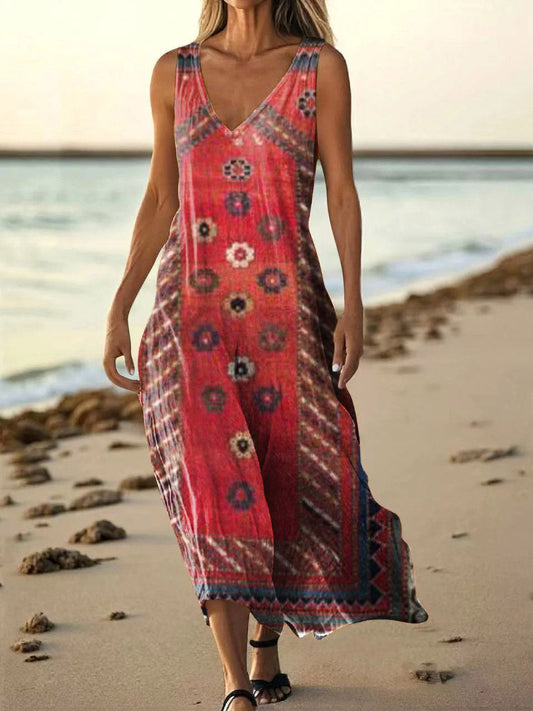 Women's Vintage Ethnic Tattoo Pattern Art Print Pocket Cotton Dresses