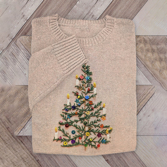 Christmas Tree Embroidered Art Cozy Knit Sweater artswardrobe