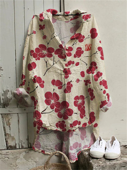 Comstylish Cherry Blossom Japanese Lino Art Woven Tunic