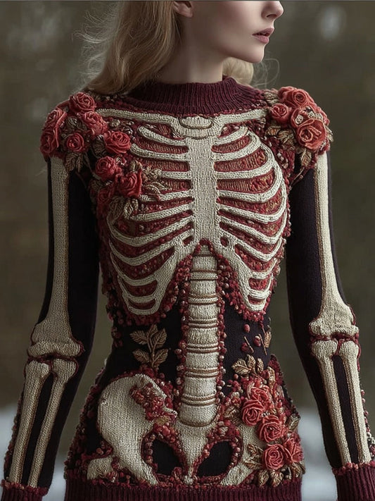 Vintage Skeleton Roses Crew Neck Cozy Knit Sweater artswardrobe