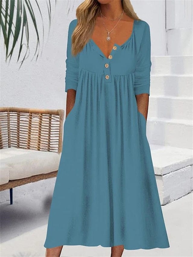 LM | Midi dress with V-neck and ruched pocket for women