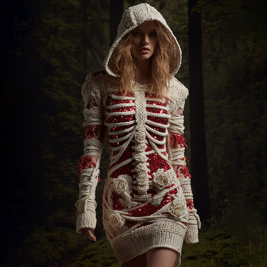 Women's Halloween Anatomy Bandage Rose Sequin Art Cozy Knit Hooded Sweater Dress artswardrobe