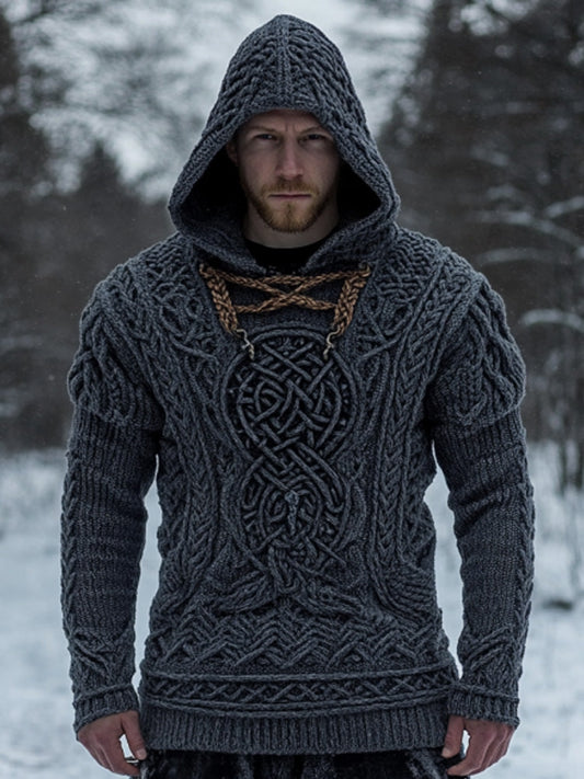 Men's Vintage Viking Inspired Celtic Jacquard Hooded Sweater artswardrobe