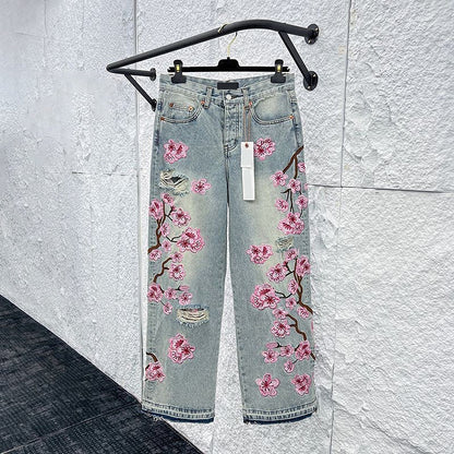 Comstylish Vintage Japanese Sakura Applique Embroidery Art Design Jeans