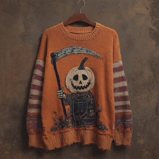 Halloween Pumpkin Ghoul Embroidered Striped Cozy Knitted Sweater artswardrobe