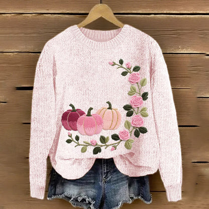 Women's Pink Pumpkin & Rose Embroidered Knit Print Sweater elevenforest
