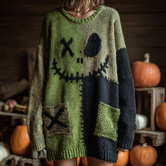 Halloween Spooky Face Contrast Stitching Comfortable Round Neck Knitted Sweater Dress artswardrobe