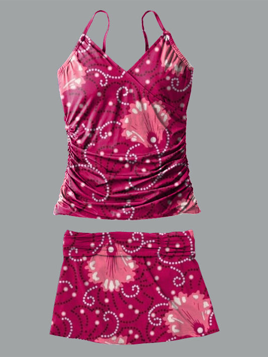 Red Flower V-Neck Vintage Flowers Print Suspender Skirt Tankini Pantskirt Set Swimsuit