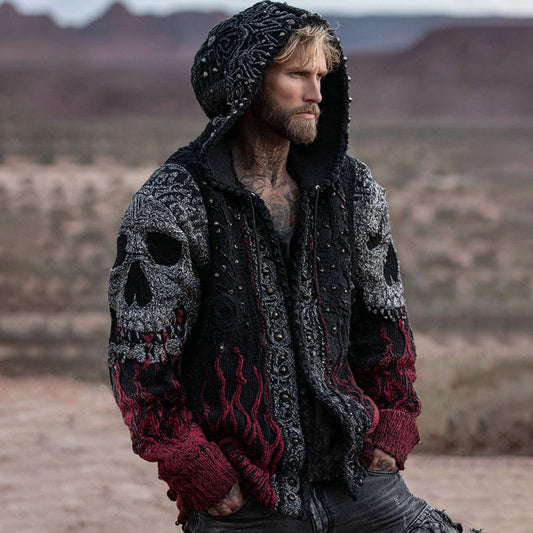 Men's Retro Skull And Flame Inspired Knitted Cozy Zipper Up Hooded Cardigan artswardrobe