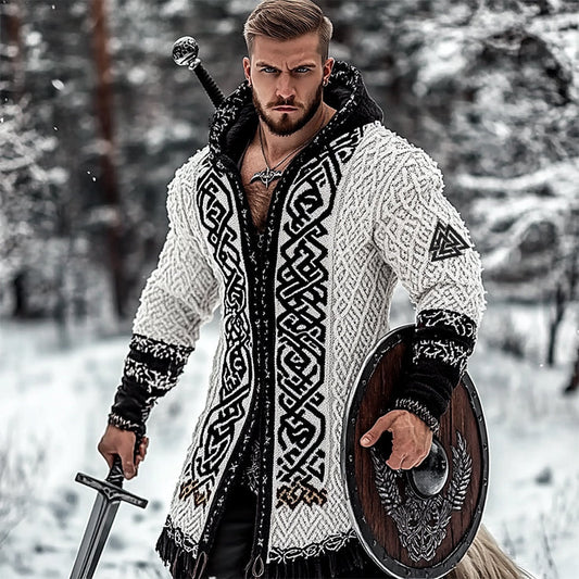 Men's Viking Tribal Jacquard Celtic Style Knitted Hooded Sweater artswardrobe