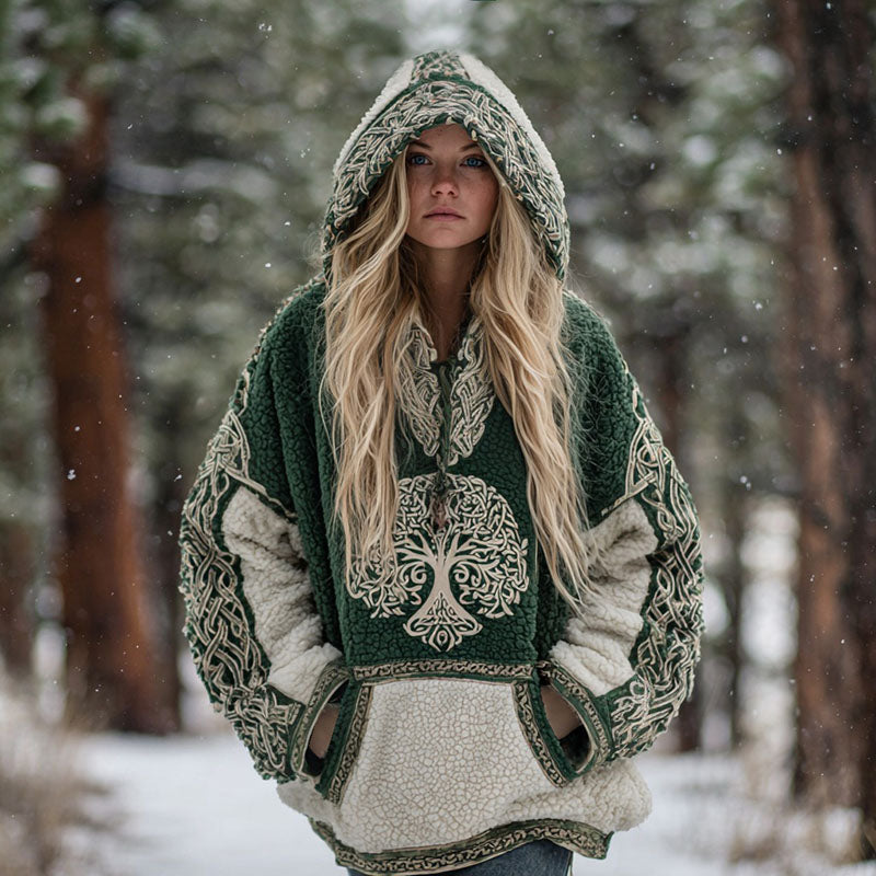 Comstylish Women's Vintage Tree Of Life Celtic Contrast Color Design Plush Warm Hoodie