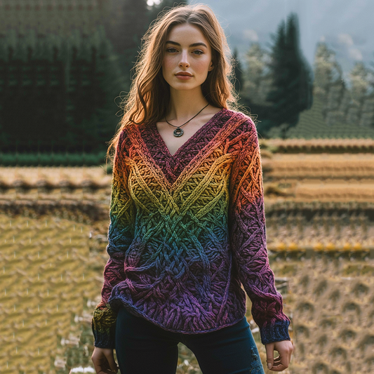 Vintage Irish Rainbow V-neck Knitted Jacquard Aran Sweater artswardrobe