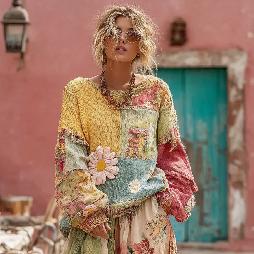 Flower Embroidery Macaroon Color Patchwork Art Cozy Sweater artswardrobe