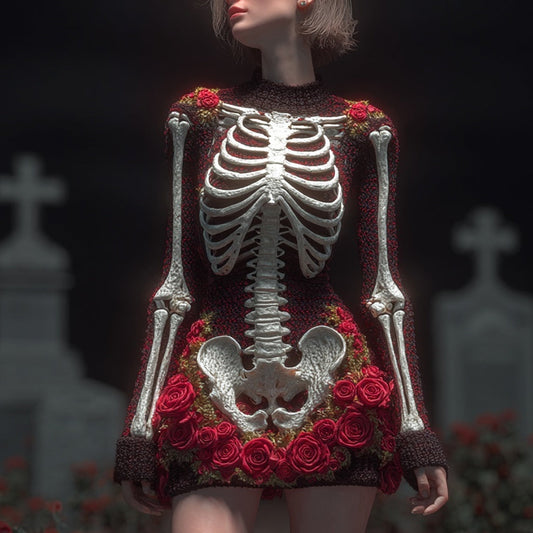 Vintage Halloween Skeleton Roses Art Cozy Sweater Dress artswardrobe