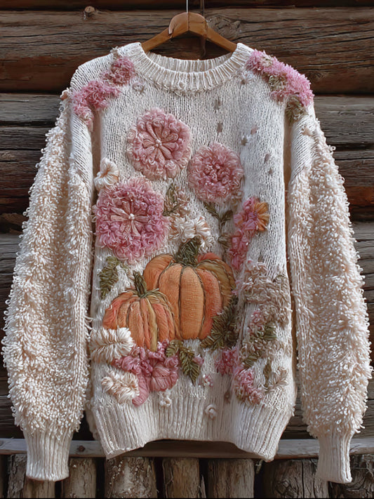 Pumpkin And Flower Plush Warm Round Neck Sweater artswardrobe