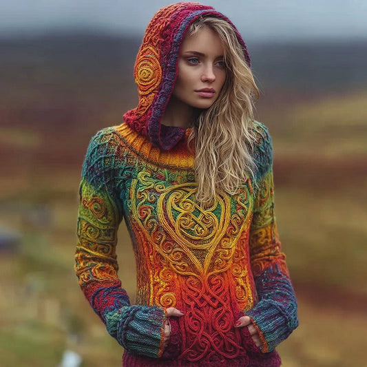 Women's Viking Celtic Knot With Irish Rainbow Art Cozy Knit Hooded Sweater artswardrobe