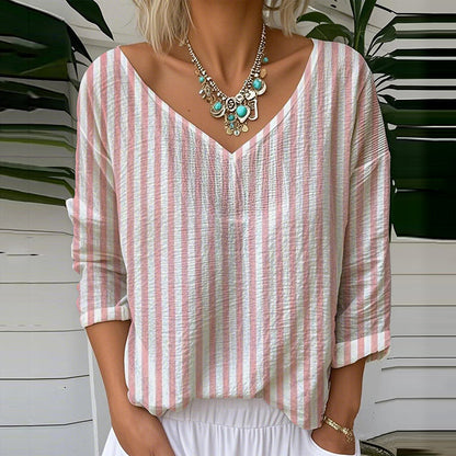 Comstylish Vintage Stripe Pattern Cozy Linen Shirt