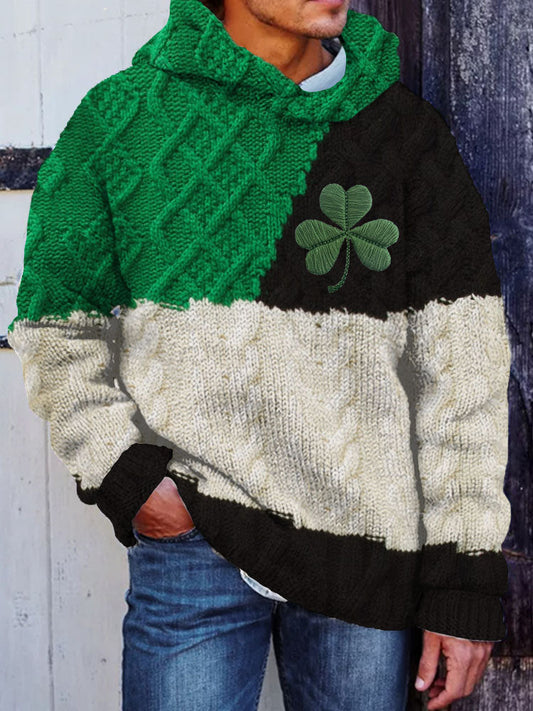 Men's Shamrock Embroidered Patchwork Cozy Hooded Sweater artswardrobe
