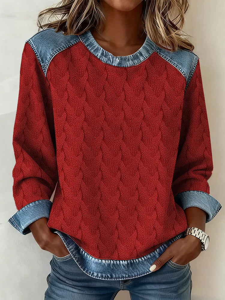 Comstylish Women's Textured Denim Collar Sweatshirt