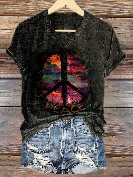 Women's Hippie Peace Art Print V-neck Casual T-Shirt