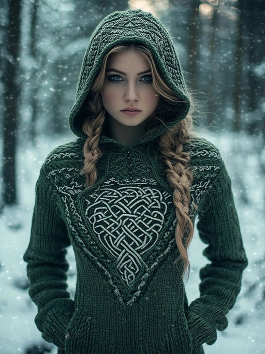 Women's Celtic Knot Jacquard Cozy Knit Hooded Sweater artswardrobe