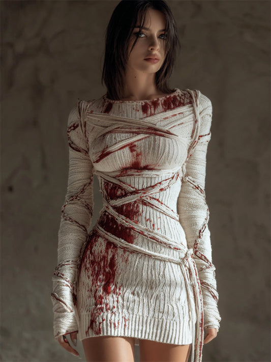 Halloween Bloody Bandages Tied Cozy Knit Sweater Dress artswardrobe