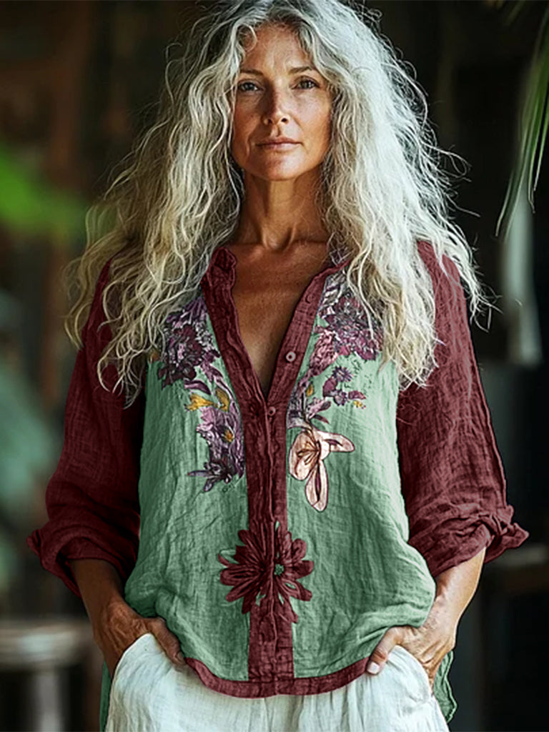 Bohemian Style Linen Floral Art Print  Long Sleeve Shirt artswardrobe