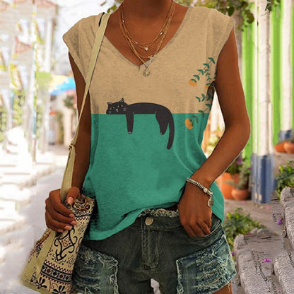 Abstract Creative Lazy Black Cat Art Painting Art Tank Top elevenforest