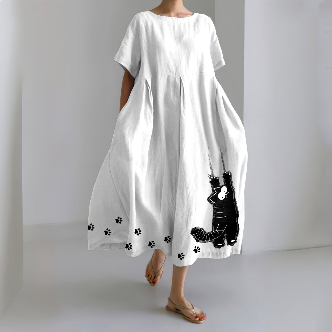 Stretching Cat & Paw Prints Embroidered Linen Blend Maxi Dress elevenforest