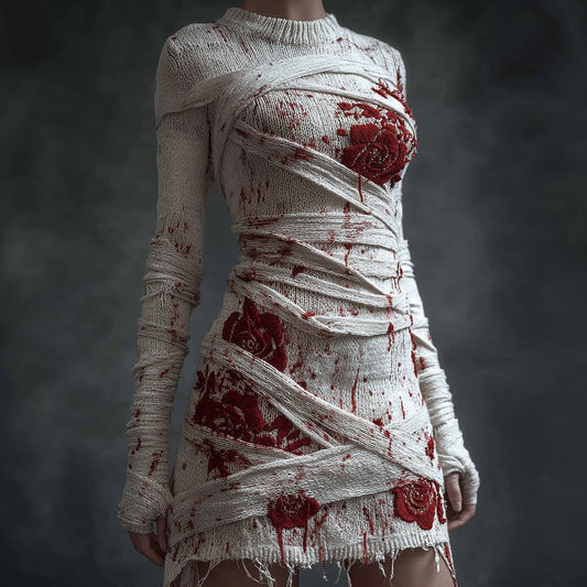 Vintage Bloody Bandages Roses Cozy Sweater Mini Dress artswardrobe