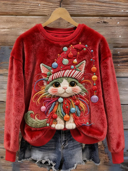 Comstylish Cute Cat Christmas Lights Embroidered Cozy Plush Sweatshirt