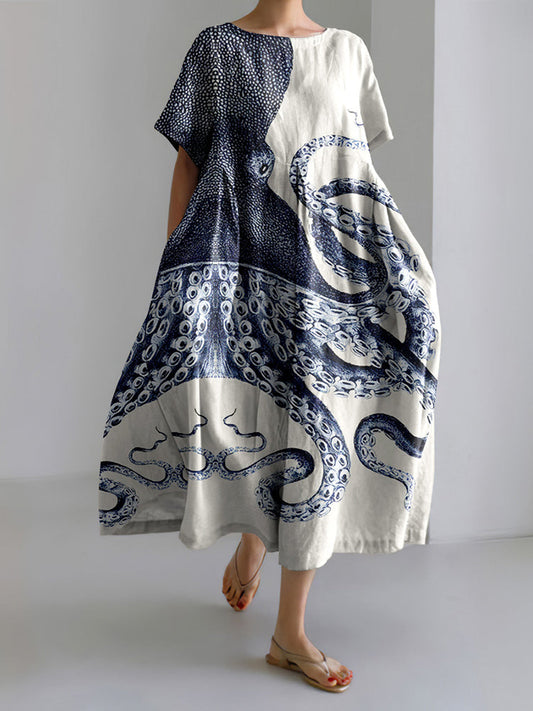 Japanese Octopus Art Print Short Sleeve Loose Midi Dress