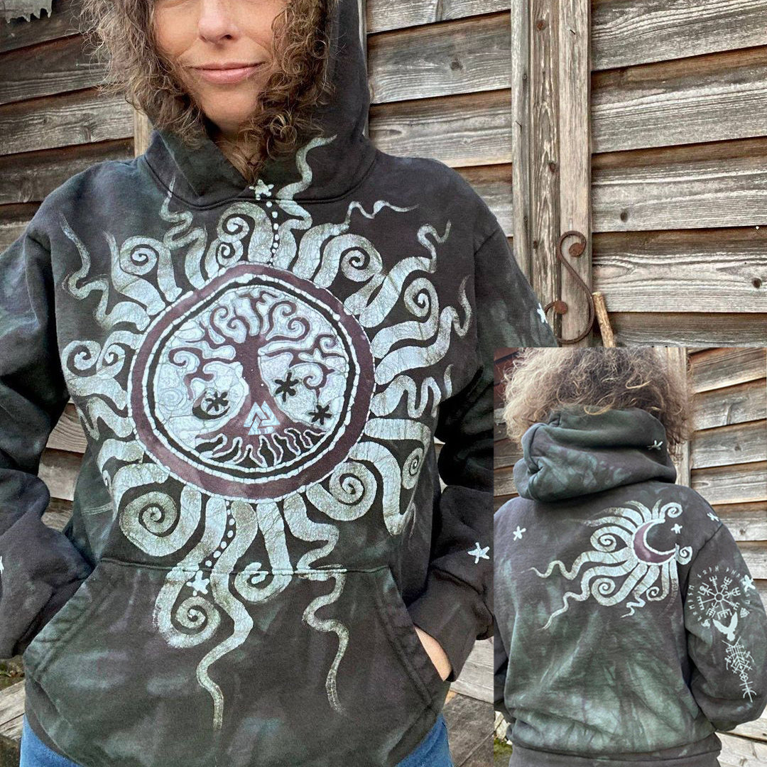 Comstylish Retro Tribal Viking Tree Medallion Graphic Print Hoodie