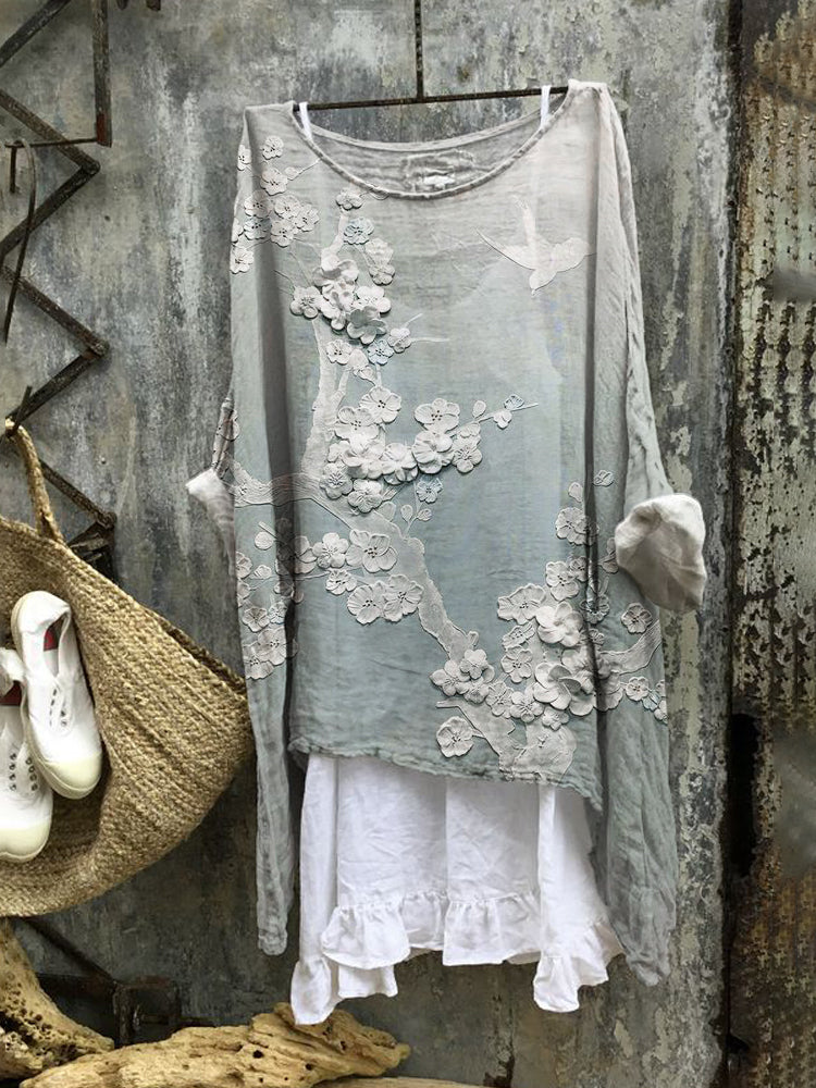 Comstylish Japanese Embossed Floral Linen Blend Tunic