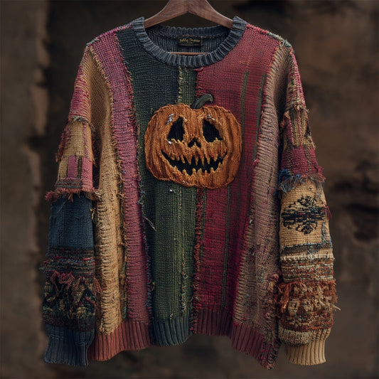 Halloween Spooky Pumpkin Face Embroidered Patchwork Knitted Sweater artswardrobe