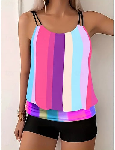 Tankini 2 Piece Swimsuit Colorblock Boy Leg Tummy Control High Waist Slim Backless Vacation Beach Wear Stripe Scoop Neck Sleeveless Bathing Suits