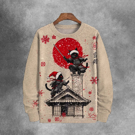 Comstylish Men's Two Christmas Black Cat Warriors Are Fighting Art Print Casual Sweatshirt