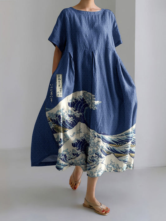Japanese Art Sea Wave Linen Blend Maxi Dress