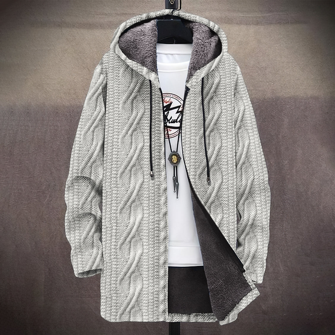Men's Vintage Knitted Pattern Cozy Plush Hooded Coat elevenforest