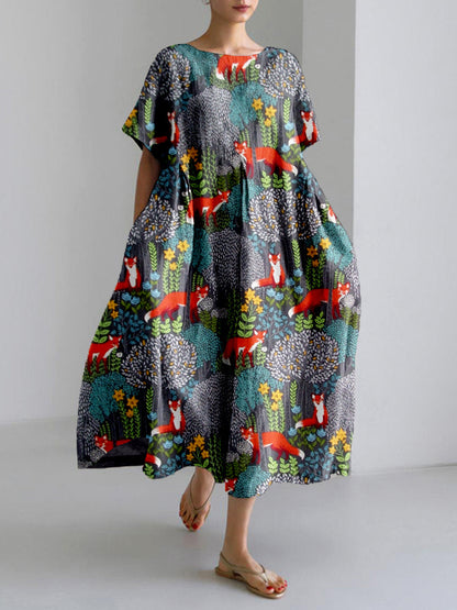 Fox in the Forest Art Linen Blend Flowy Maxi Dress artswardrobe