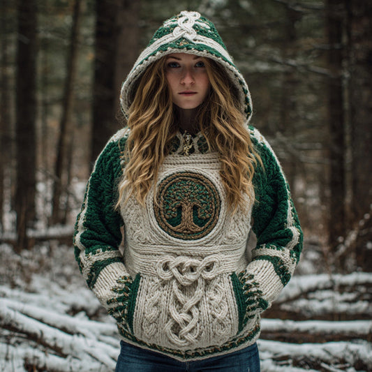 Women's Vintage Viking Celtic Knot Tree Of Life Knit Hooded Sweater artswardrobe