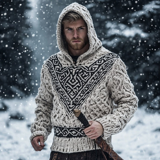 Men's Viking Tribal Jacquard Celtic Inspired Chunky Knit Hooded Sweater artswardrobe