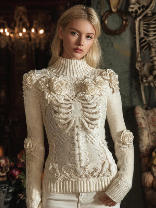 Halloween Classic Rose Skeleton Jacquard Turtleneck Aran Sweater artswardrobe